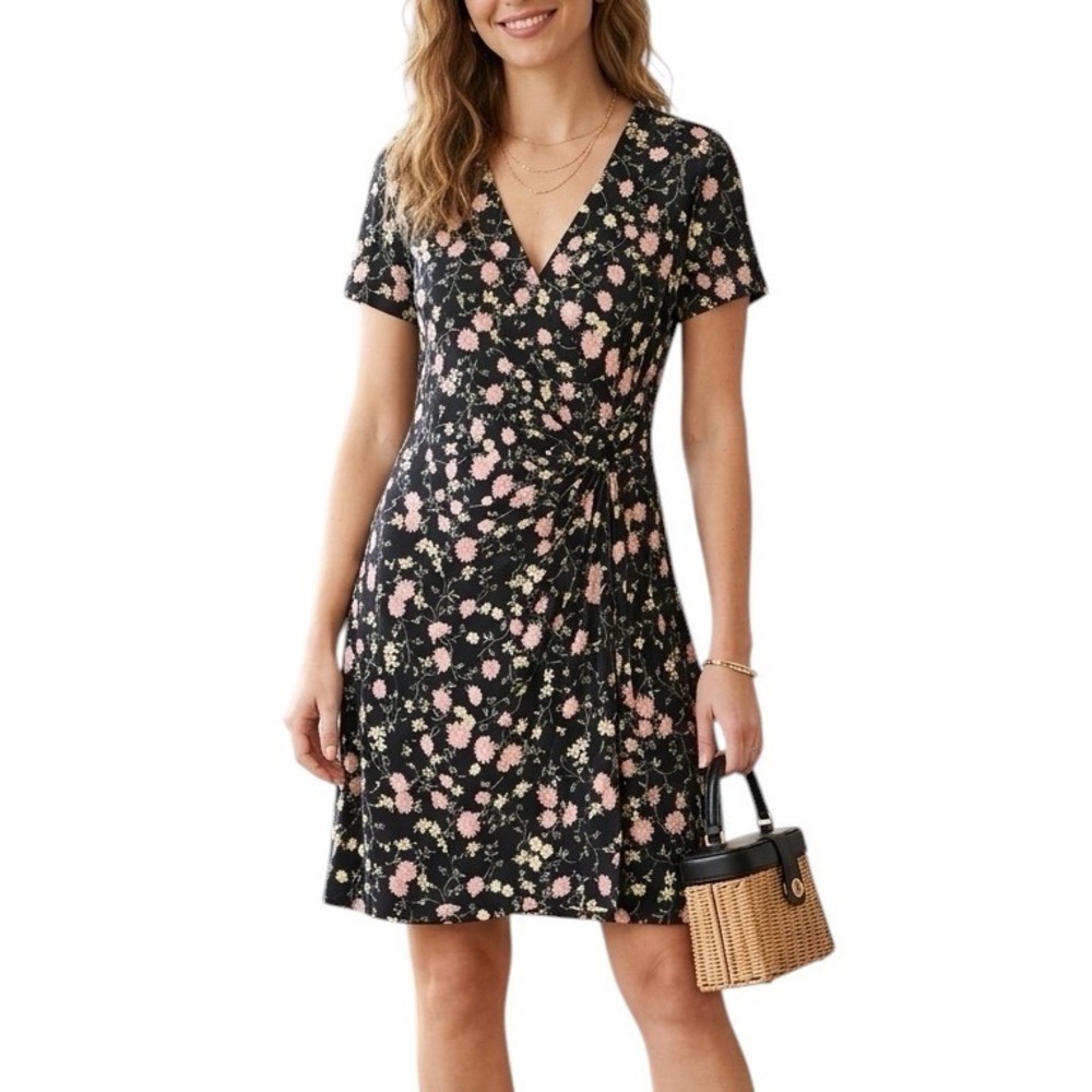 Lands End Womens Black Floral Faux Wrap Dress V-Neck Short Sleeve Large 14-16